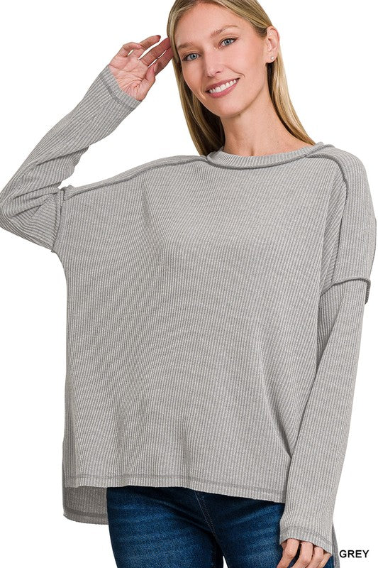 Elijah Ribbed Drop Shoulder Top - Grey