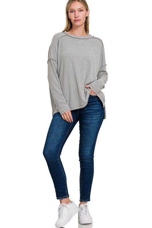 Elijah Ribbed Drop Shoulder Top - Grey