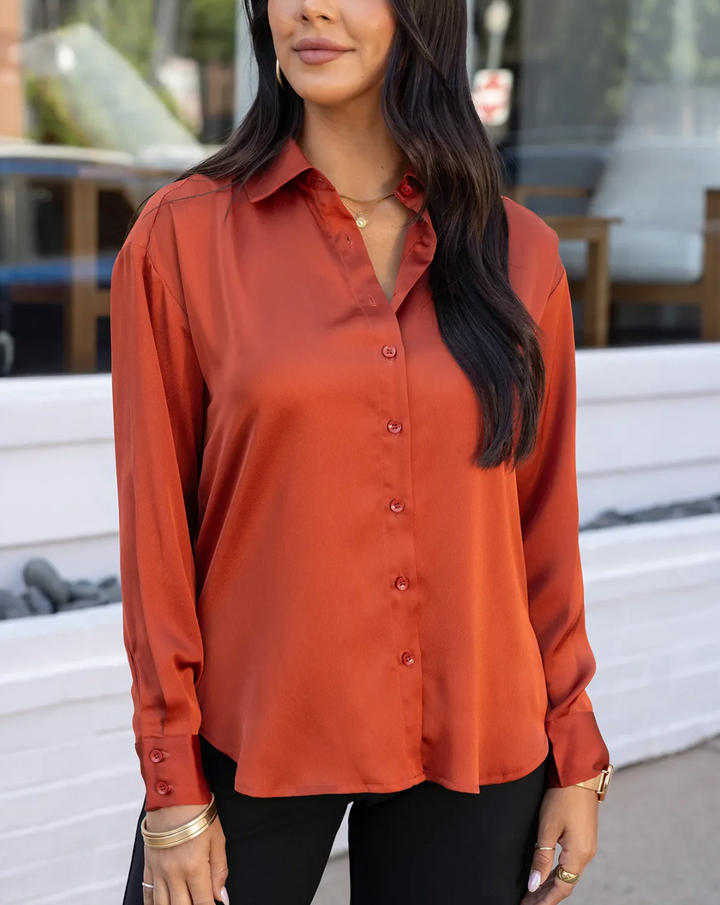 Grace & Lace Satin Button Down Top In Rust